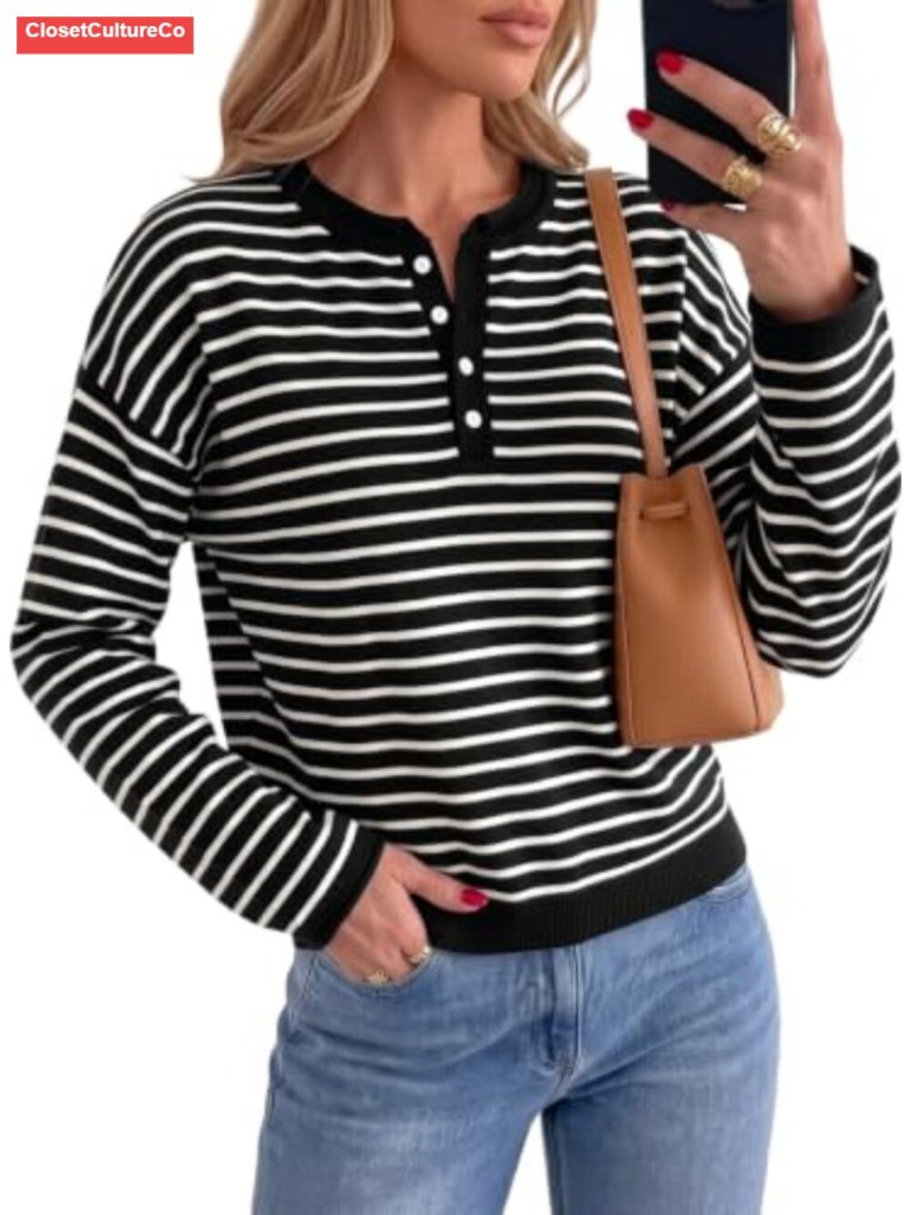 Striped Henley Sweater Long Sleeve Drop Shoulder Pullover Teacher
